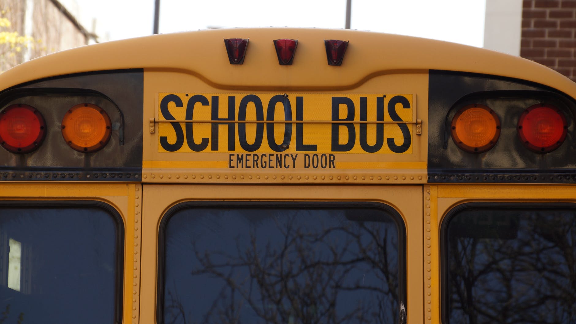 The rear door of a yellow school bus 