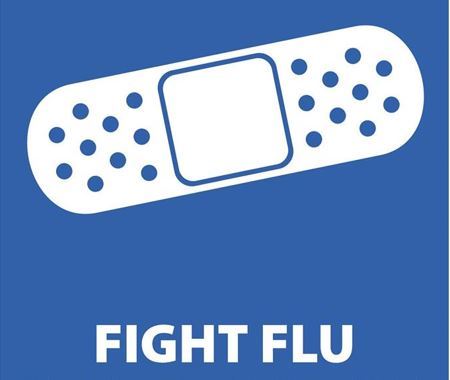 A white band-aid on a blue background encouraging the flu vaccine 