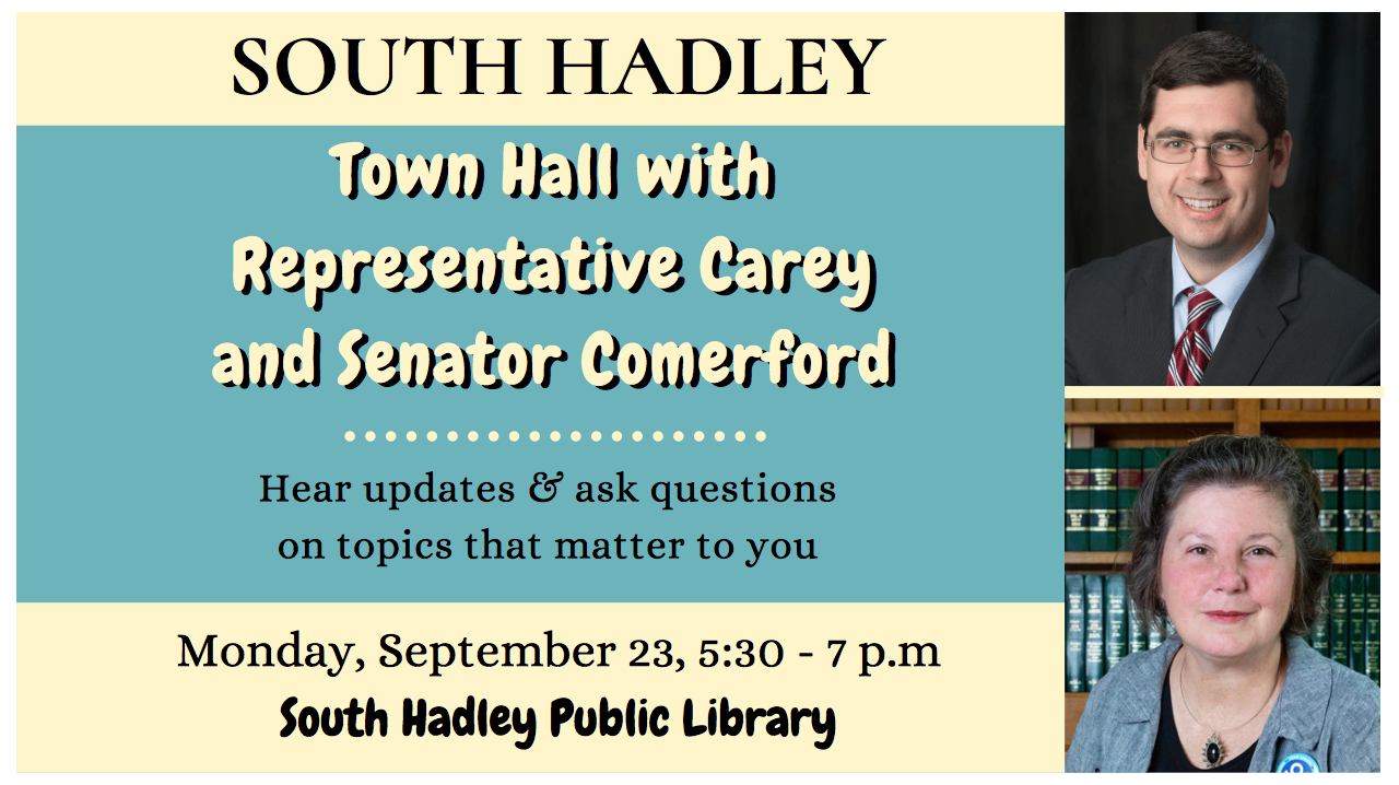 A yellow and teal flyer announcing the details of a Sept. 23 town hall with state representatives