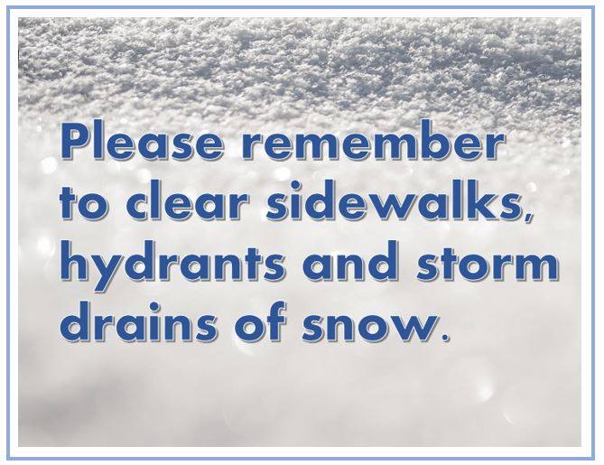 Text reminding property owners of snow bylaws is set on top of a white sparkly snow photo