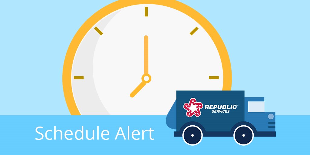 A blue cartoon garbage truck is pictured in front of a large yellow clock 