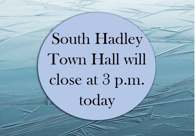 Text regarding town hall closing is imposed over an icy blue photo of a frozen body of water