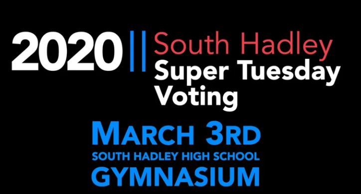 A black background with red, white and blue text noting voting on March 3